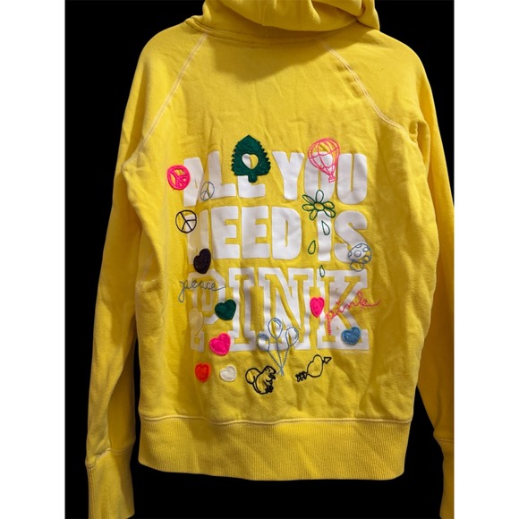PINK Victoria's Secret Tops - Victoria's Secret PINK Yellow All You Need Is PINK Embroidered Hoodie Small